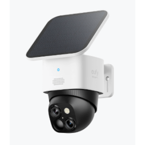 A sleek, wireless Eufy SoloCam S340 B2C security camera installed on an exterior wall, showcasing its dual-lens design with wide-angle and telephoto capabilities. The camera is solar-powered, offering 3K resolution, 360° pan and 70° tilt for full property coverage, and enhanced night vision with a large f/1.6 aperture lens.